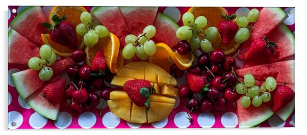 A colourful Christmas breakfast fruit platter on a dining table closeup. Acrylic by Geoff Childs
