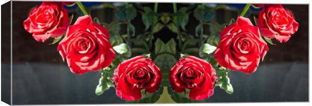 Six Pretty red Roses flower indoors display on a dark background  Canvas Print by Geoff Childs