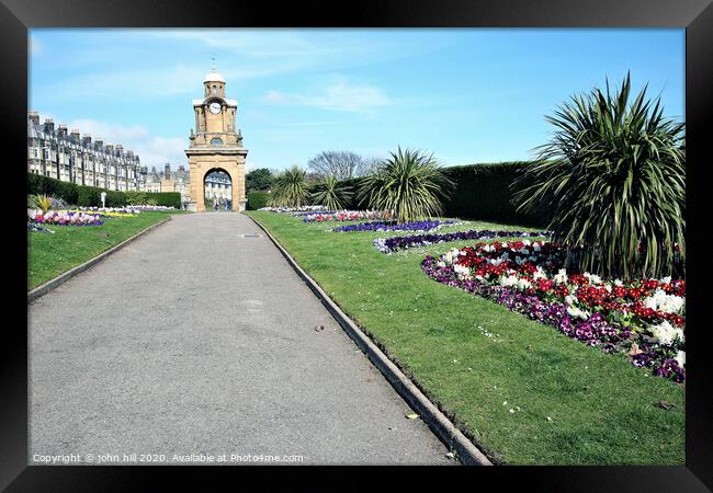 The Holbeck clock tower and South cliff gardens at Scarborough in Yorkshire.  Framed Print by john hill