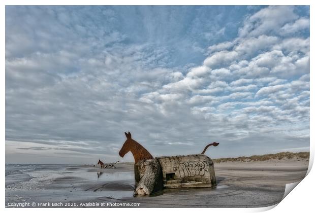 Bunker Mules horses on Blaavand Beach, North Sea coast, Denmark Print by Frank Bach