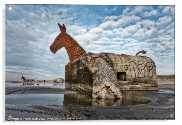 Bunker Mules horses on Blaavand Beach, North Sea coast, Denmark Acrylic by Frank Bach