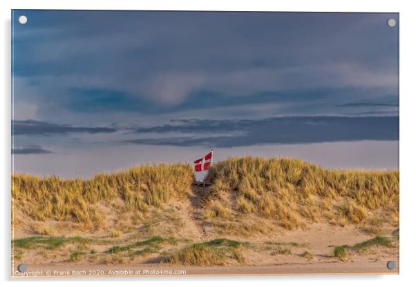 Danish flag waving behind dunes on Blaavand Beach, Denmark Acrylic by Frank Bach