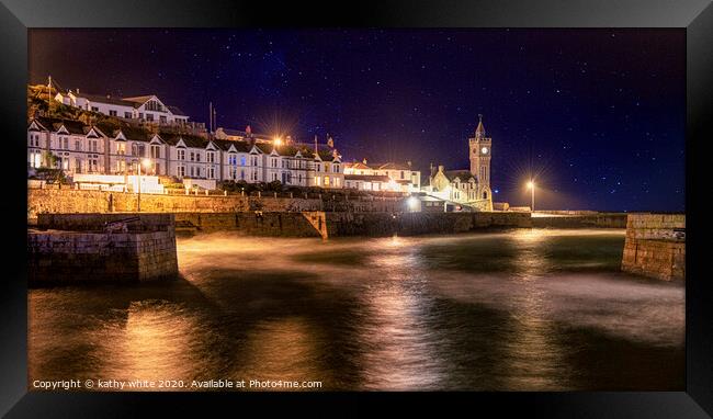  Porthleven Cornwall at night with clock tower Framed Print by kathy white