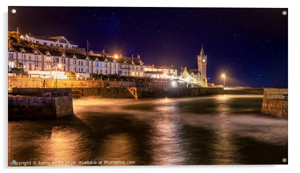 Porthleven Cornwall at night with clock tower Acrylic by kathy white