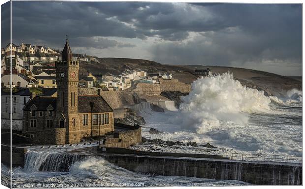 Porthleven storm  with Clock tower,rough seas Canvas Print by kathy white