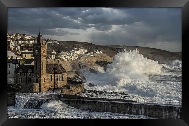 Porthleven storm  with Clock tower,rough seas Framed Print by kathy white