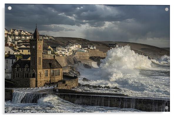 Porthleven storm  with Clock tower,rough seas Acrylic by kathy white