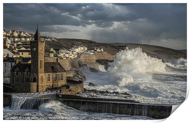 Porthleven storm  with Clock tower,rough seas Print by kathy white