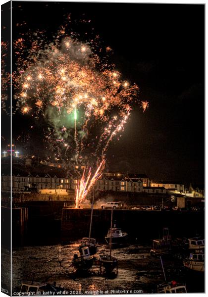 Porthleven Harbour  Cornwall fireworks Canvas Print by kathy white