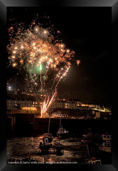 Porthleven Harbour  Cornwall fireworks Framed Print by kathy white