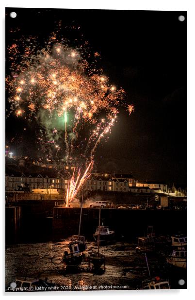 Porthleven Harbour  Cornwall fireworks Acrylic by kathy white