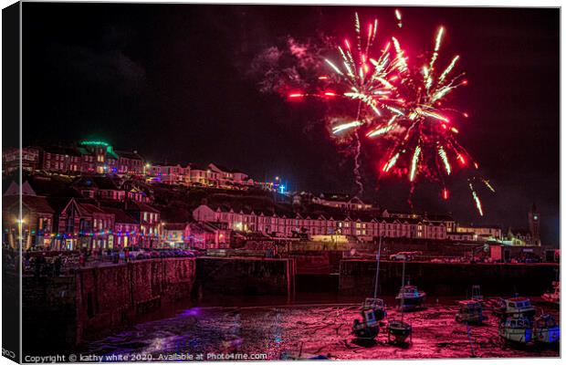 Porthleven  Cornwall red Christmas fireworks Canvas Print by kathy white