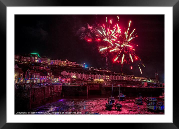 Porthleven  Cornwall red Christmas fireworks Framed Mounted Print by kathy white