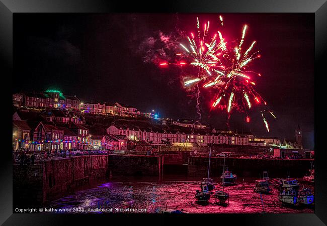 Porthleven  Cornwall red Christmas fireworks Framed Print by kathy white