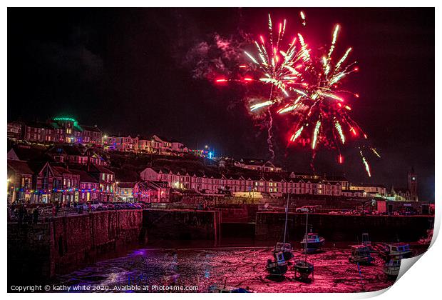 Porthleven  Cornwall red Christmas fireworks Print by kathy white