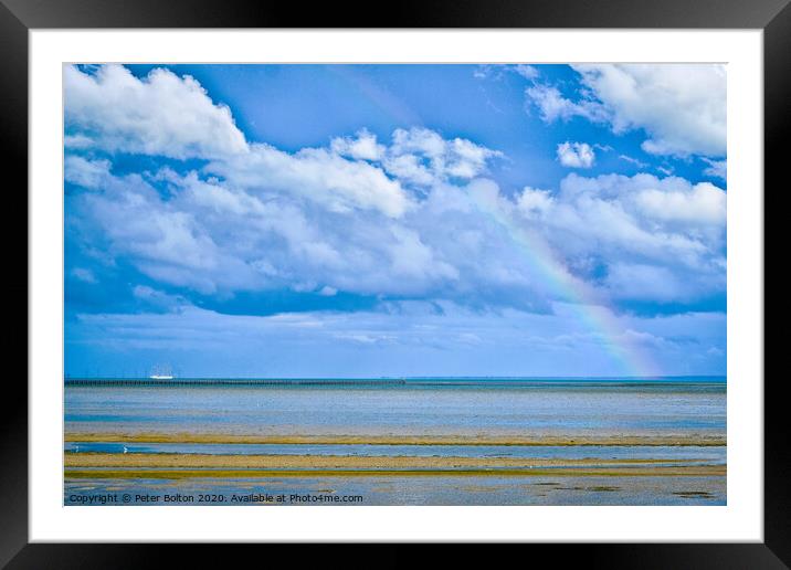 Abstract seascape with weather front and rainbow. Thorpe Bay, Essex, UK. Framed Mounted Print by Peter Bolton