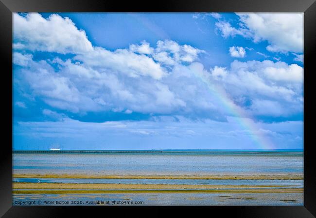 Abstract seascape with weather front and rainbow. Thorpe Bay, Essex, UK. Framed Print by Peter Bolton