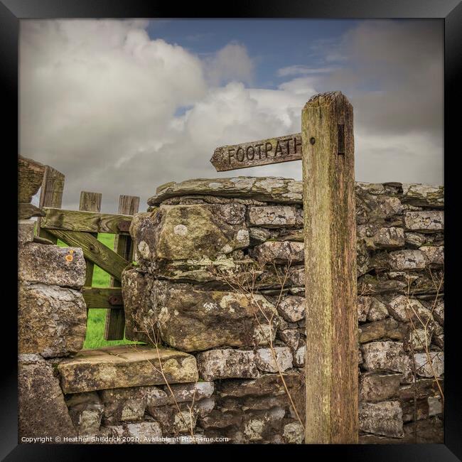 Footpath sign, stile and drystone wall Framed Print by Heather Sheldrick