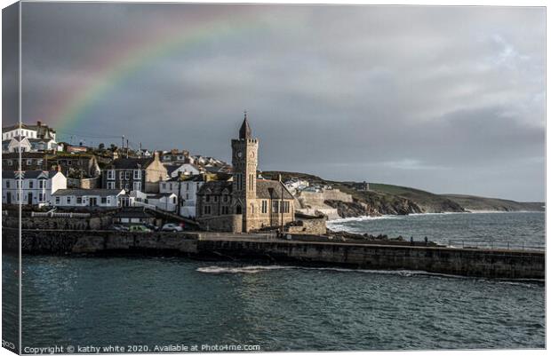 rainbow Porthleven Cornwall Canvas Print by kathy white