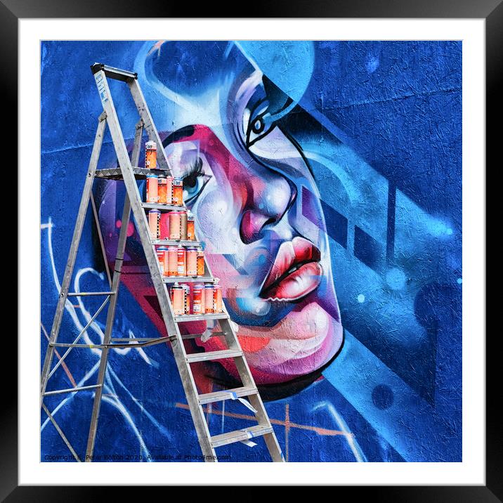 Artwork by a street artist with a stepladder and spray cans arranged on the steps ready for use. Framed Mounted Print by Peter Bolton
