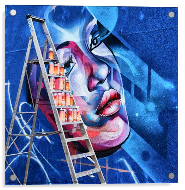 Artwork by a street artist with a stepladder and spray cans arranged on the steps ready for use. Acrylic by Peter Bolton