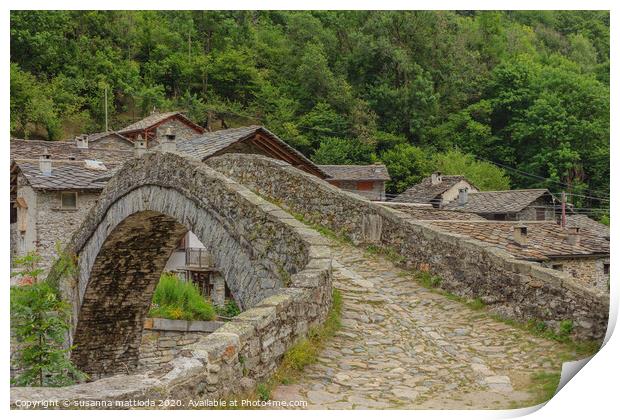  a  vintage  bridge  of an Italian alpine village Print by susanna mattioda