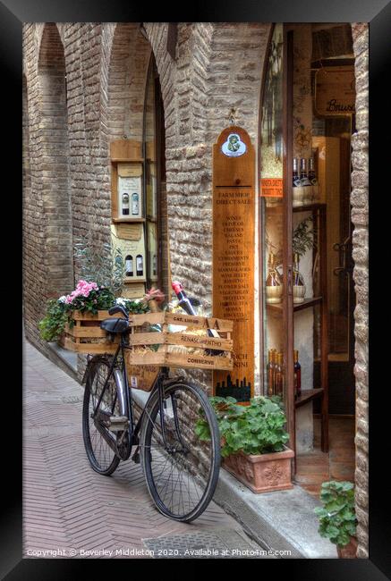 Delivery bike outside Italian Deli Framed Print by Beverley Middleton