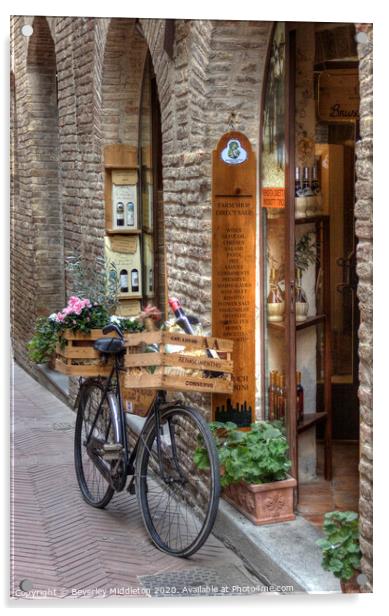 Delivery bike outside Italian Deli Acrylic by Beverley Middleton