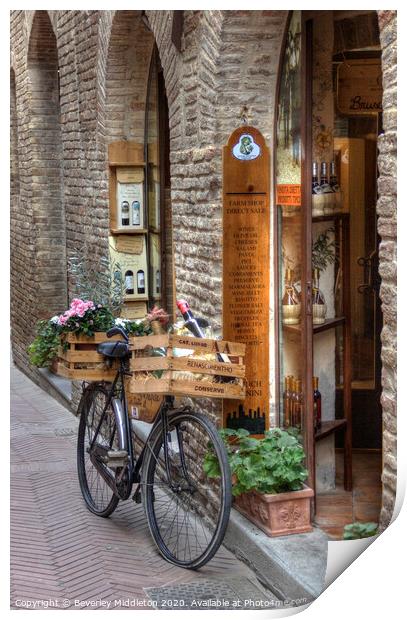Delivery bike outside Italian Deli Print by Beverley Middleton