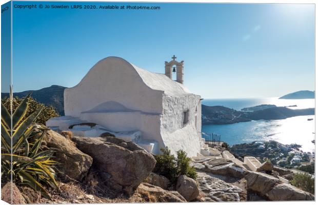 Greek Church overlooking the sea, Ios Canvas Print by Jo Sowden
