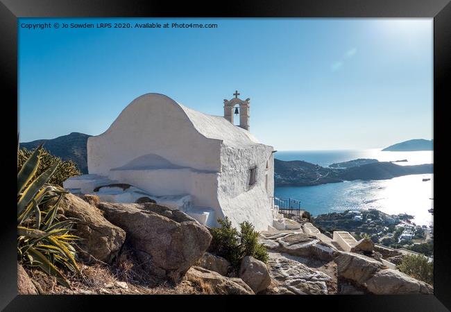 Greek Church overlooking the sea, Ios Framed Print by Jo Sowden