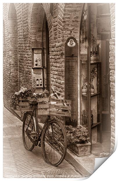 Delivery bike outside Italian Deli Print by Beverley Middleton