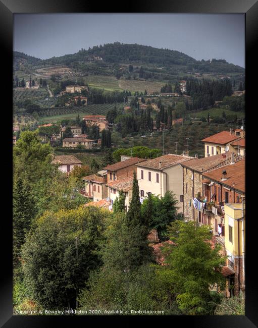Tuscan Lanscape and rolling hills from San Gimignano Framed Print by Beverley Middleton