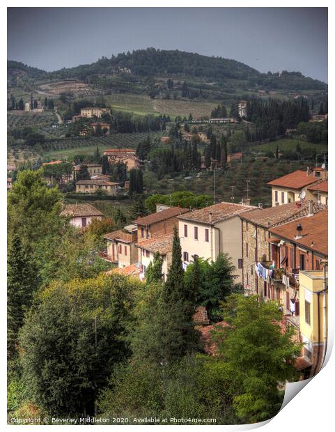 Tuscan Lanscape and rolling hills from San Gimignano Print by Beverley Middleton