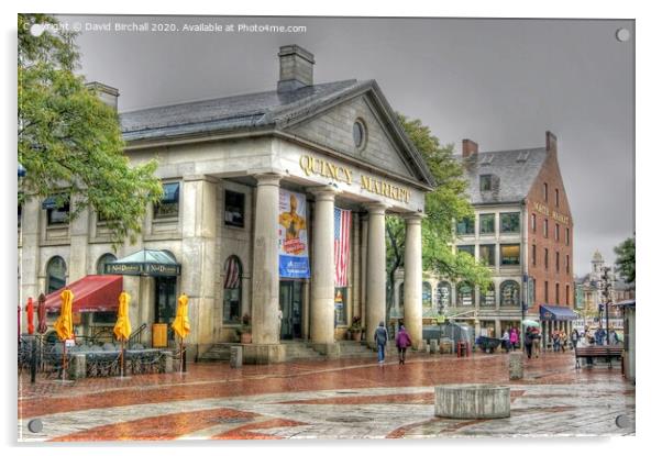 Quincy Market Boston on a wet day. Acrylic by David Birchall