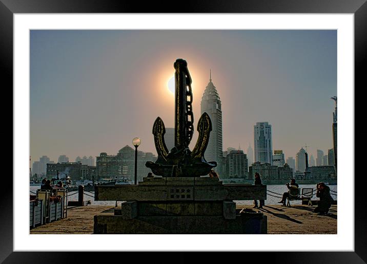 Sunset behind Anchor Sculpture, Shanghai Framed Mounted Print by Phil Hall