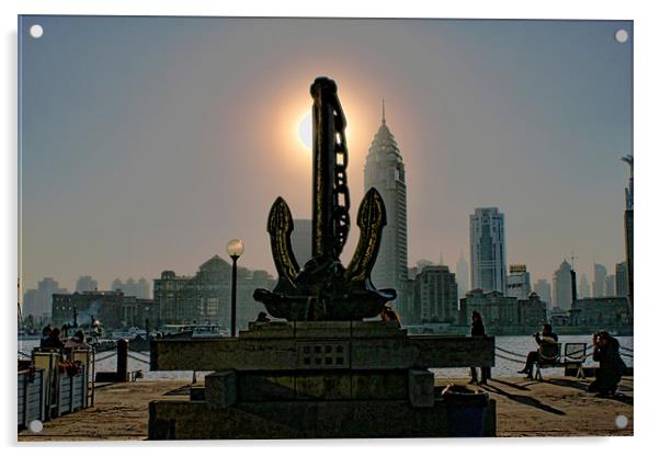 Sunset behind Anchor Sculpture, Shanghai Acrylic by Phil Hall