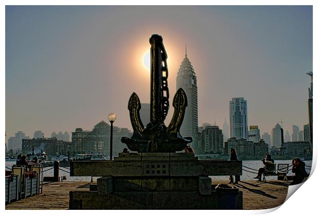 Sunset behind Anchor Sculpture, Shanghai Print by Phil Hall