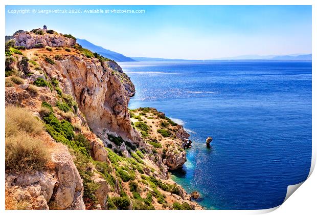 Seascape from the rocky steep coast of the Ionian Sea in Greece. Print by Sergii Petruk