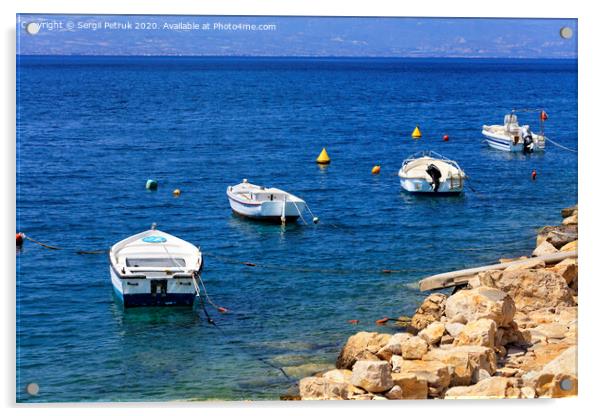 Powerboats and boats are anchored along the rocky coast of the Ionian Sea. Acrylic by Sergii Petruk