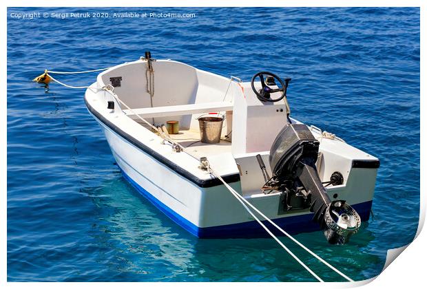 A motor boat is anchored in the clear waters of the Ionian Sea. Print by Sergii Petruk