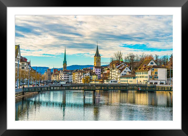 The Limmat River And Downtown Zurich Framed Mounted Print by Chris Lord