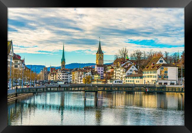The Limmat River And Downtown Zurich Framed Print by Chris Lord