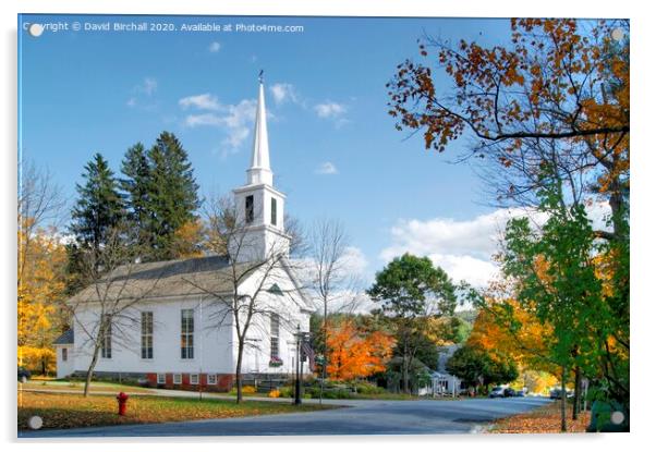 Grafton white church, Vermont, America. Acrylic by David Birchall