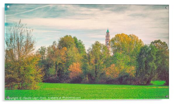 Large green field with trees and one bell tower. Acrylic by Claudio Lepri