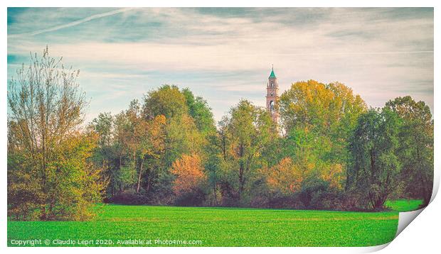 Large green field with trees and one bell tower. Print by Claudio Lepri