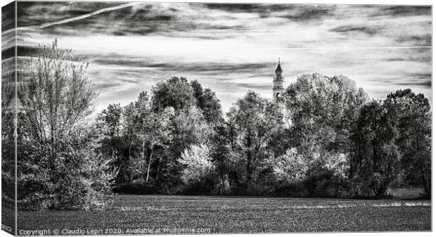 Trees and one bell tower in black and white Canvas Print by Claudio Lepri
