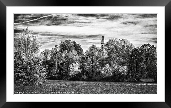 Trees and one bell tower in black and white Framed Mounted Print by Claudio Lepri