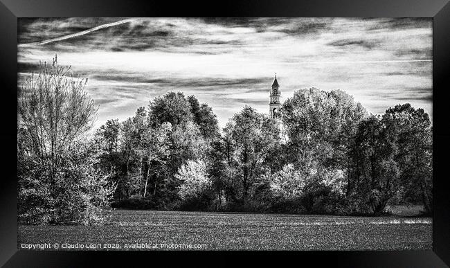 Trees and one bell tower in black and white Framed Print by Claudio Lepri