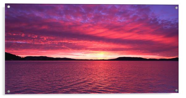 Magenta coloured  Sunrise Seascape Panorama. Acrylic by Geoff Childs